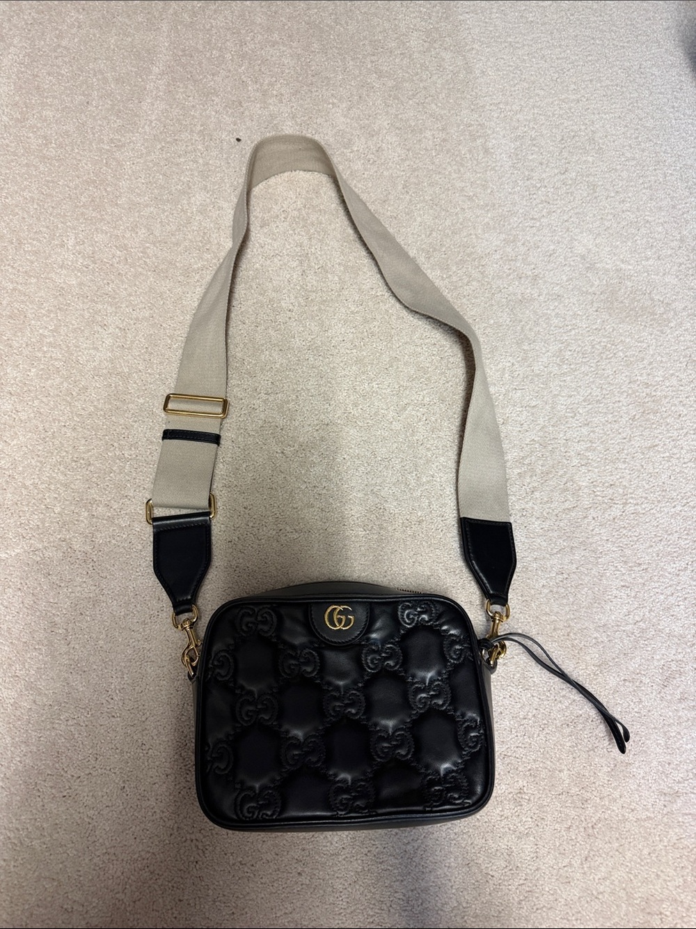 Gucci Black Quilted GG Camera Crossbody with Beige Strap